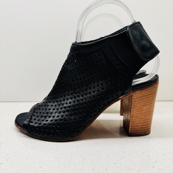 Mimosa Black Genuine Soft Leather Shoes Peep Toe Stacked Heel Sandals Sz 37 - Picture 5 of 15